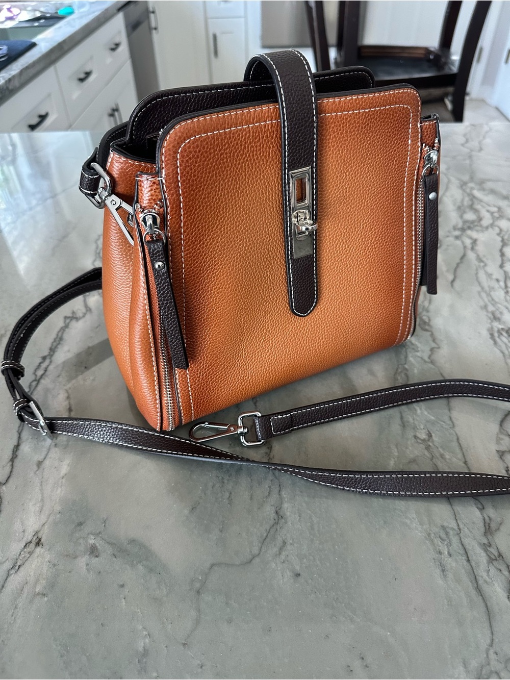 HESHE Genuine Tan /Dark Brown Pebbled Leather Bag, Detachable Strap /Top Handle